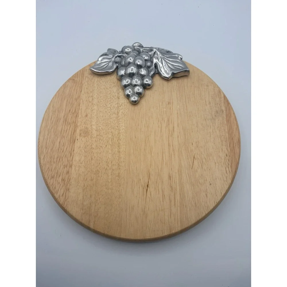 Cutting Board Serving Platter Round Wood Metal Grape Cluster Trim 12